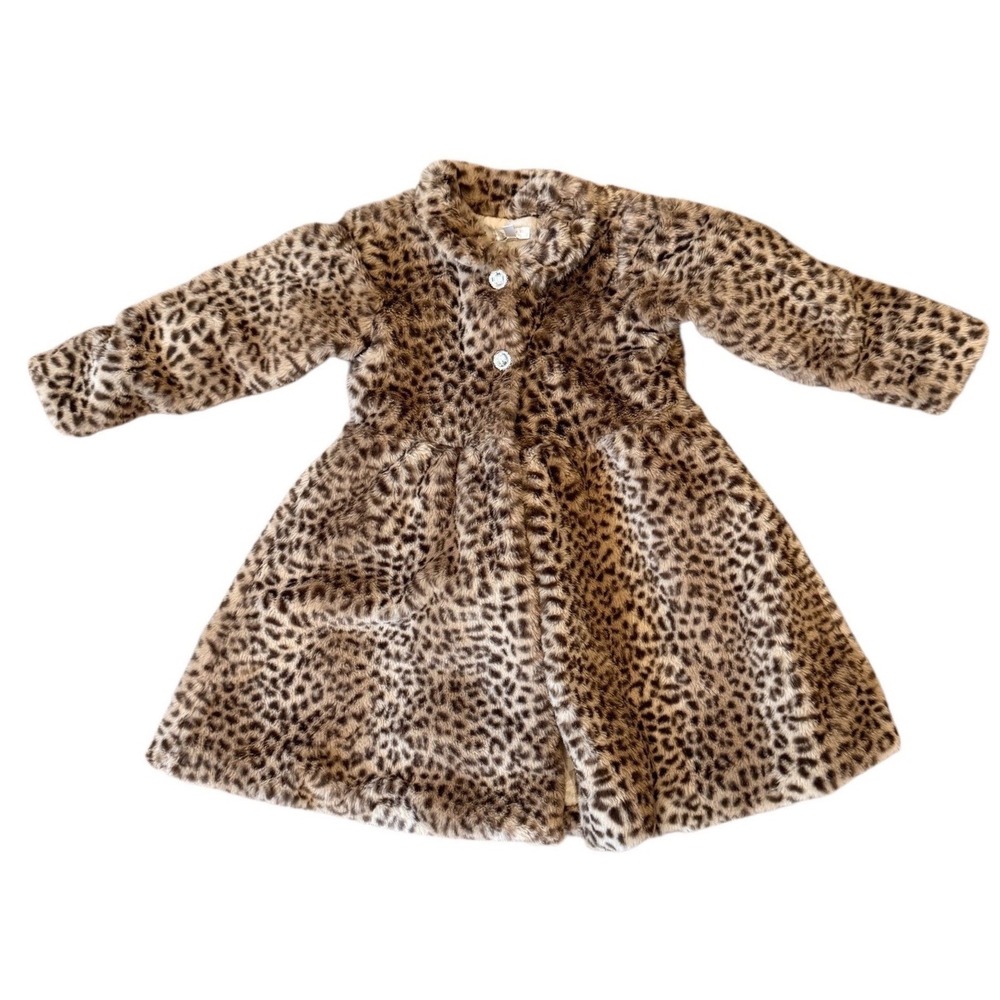 Tahari Girl Leopard Print Faux Fur Coat Kids Size 5 Rhinestone Button Brown Tan